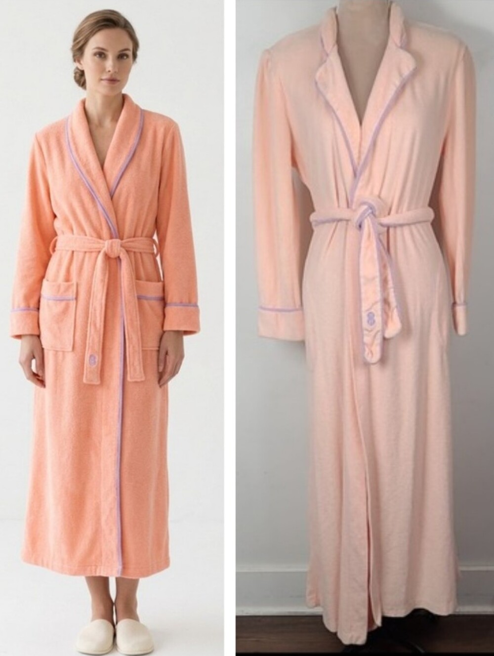 Vintage Late 70's Bill Blass Peach Terrycloth Classic Long Spa Belted Robe 12